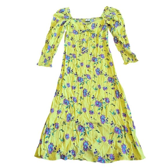 Faithfull The Brand Mathilde Green Dress Floral Print Long Sleeve Size 4 NWT